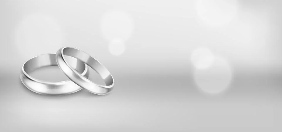 Vector 3d Realistic Silver Metal Wedding Ring Set Closeup. Design Template of Illustrazione stock