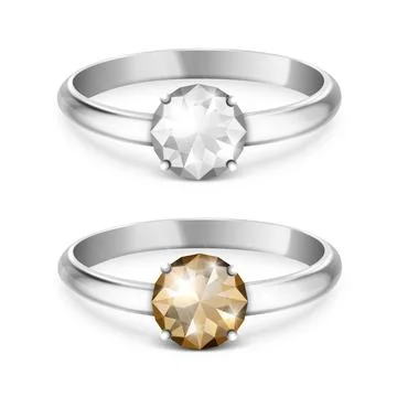 Vector 3d Realistic Silver Metal Wedding Ring with White and Brown Gemstone Stock Illustration