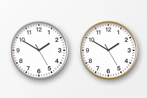 Vector 3d Realistic Simple Round Silver and Gold Wall Office Clock with White Stock Illustration