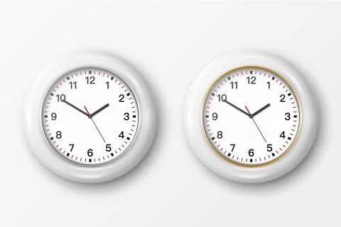 Vector 3d Realistic Simple Round White Wall Office Clock with White Dial Icon Stock Illustration