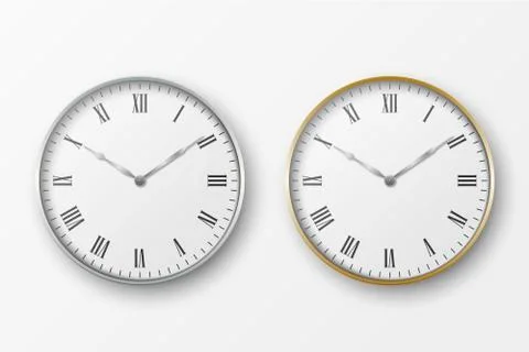 Vector 3d Realistic Simple Round Silver and Gold Wall Office Clock with White Stock Illustration
