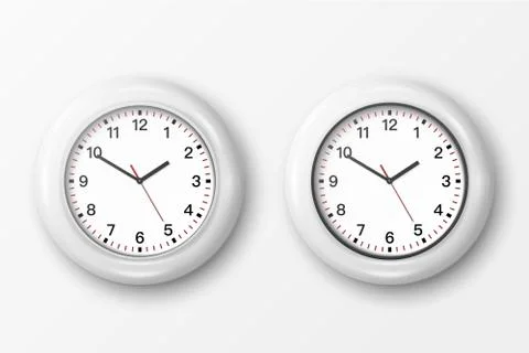 Vector 3d Realistic Simple Round White Wall Office Clock with White Dial Icon Stock Illustration