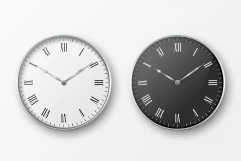 Vector 3d Realistic Simple Round Gray Silver Wall Office Clock. White and Black 스톡 일러스트