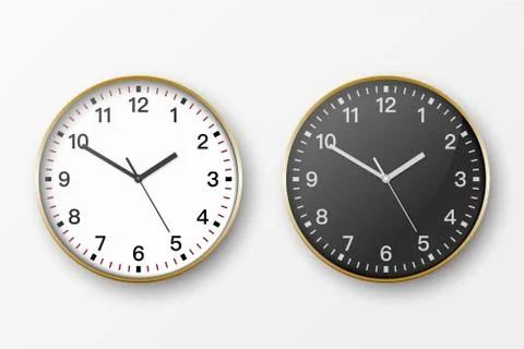 Vector 3d Realistic Simple Round Golden Wall Office Clock. White and Black Dial Illustrazione stock