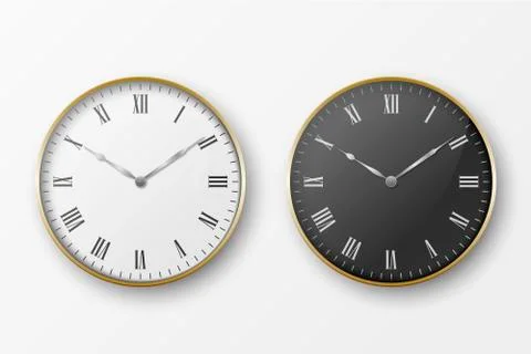 Vector 3d Realistic Simple Round Golden Wall Office Clock. White and Black Dial Illustrazione stock