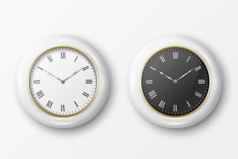 Vector 3d Realistic Simple Round White Wall Office Clock with White and Black Stock Illustration