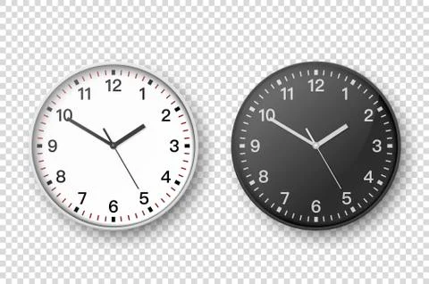 Vector 3d Realistic Simple Round White and Black Wall Office Clock Set. White Stock Illustration