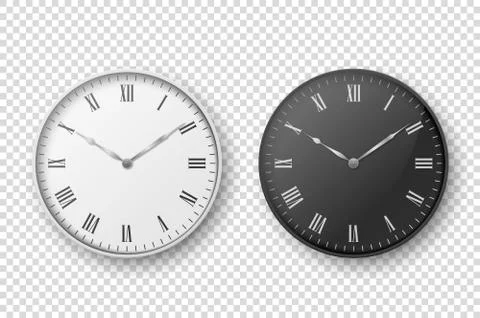 Vector 3d Realistic Simple Round Wall Office Clock Set. White and Black Dial Stock Illustration