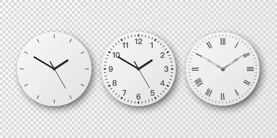 Vector 3d Realistic Simple Round Wall Office Clock Set. White Dial. Closeup Stock Illustration