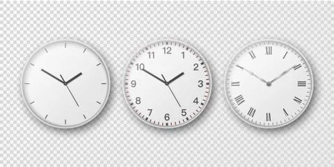 Vector 3d Realistic Simple Round Wall Office Clock Set. White Dial. Closeup Stock Illustration