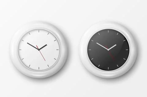 Vector 3d Realistic Simple Round Wall Office Clock Set. White and Black Dial Stock Illustration