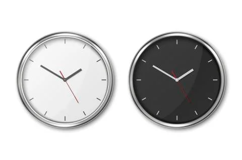 Vector 3d Realistic Simple Round Wall Office Clock Set. White and Black Dial Stock Illustration