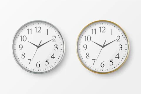 Vector 3d Realistic Simple Round Silver and Golden Wall Office Clock with White Stock Illustration