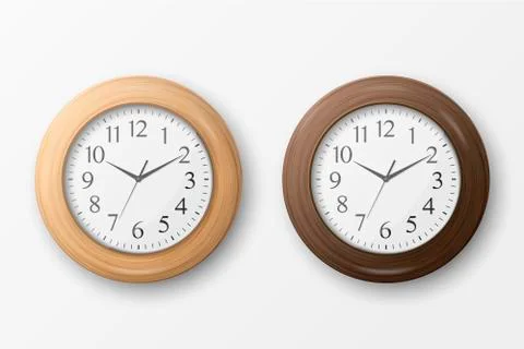 Vector 3d Realistic Simple Round Wooden Wall Office Clock with White Dial Icon 스톡 일러스트