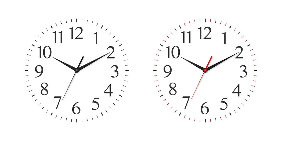 Vector 3d Realistic Simple Round Wall Office Clock, White Dial Set Closeup 스톡 일러스트