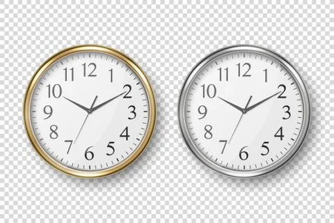 Vector 3d Realistic Simple Round Silver and Golden Wall Office Clock with White Stock Illustration