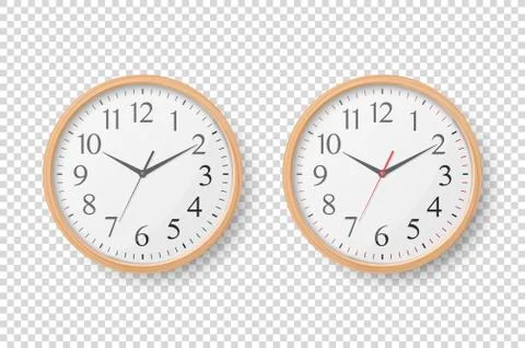 Vector 3d Realistic Simple Round Wooden Wall Office Clock with White Dial Icon Stock Illustration
