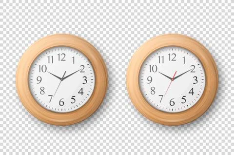 Vector 3d Realistic Simple Round Wooden Wall Office Clock with White Dial Icon 스톡 일러스트