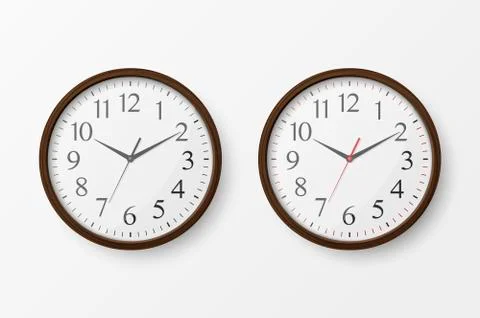 Vector 3d Realistic Simple Round Wooden Wall Office Clock with White Dial Icon Stock Illustration