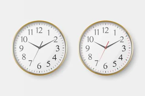 Vector 3d Realistic Simple Round Golden Wall Office Clock with White Dial Icon Stock Illustration