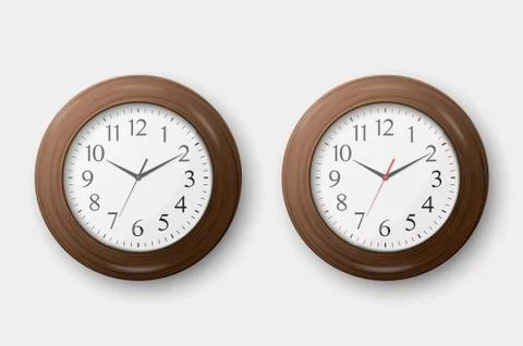 Vector 3d Realistic Simple Round Wooden Wall Office Clock with White Dial Icon Stock Illustration