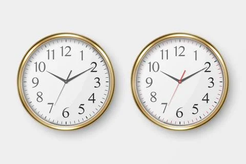Vector 3d Realistic Simple Round Golden Wall Office Clock with White Dial Icon Stock Illustration