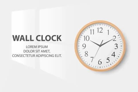 Vector 3d Realistic Simple Round Wooden Wall Office Clock with White Dial Stock Illustration