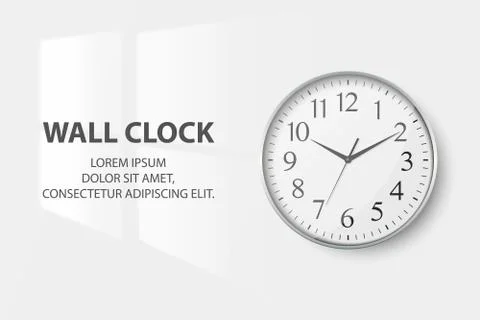 Vector 3d Realistic Simple Round Silver Wall Office Clock with White Dial Stock Illustration