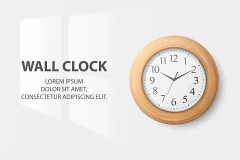 Vector 3d Realistic Simple Round Wooden Wall Office Clock with White Dial Stock Illustration
