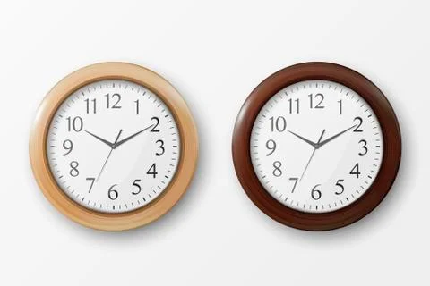Vector 3d Realistic Simple Round Wooden Wall Office Clock with White Dial Icon 스톡 일러스트