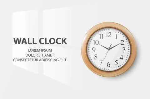 Vector 3d Realistic Simple Round Wooden Wall Office Clock with White Dial Stock Illustration