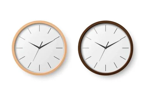 Vector 3d Realistic Simple Round Wooden Wall Office Clock with White Dial Icon Stock Illustration