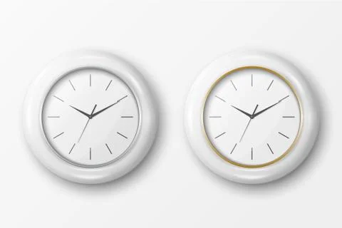 Vector 3d Realistic Simple Round White Wall Office Clock with White Dial Icon Stock Illustration