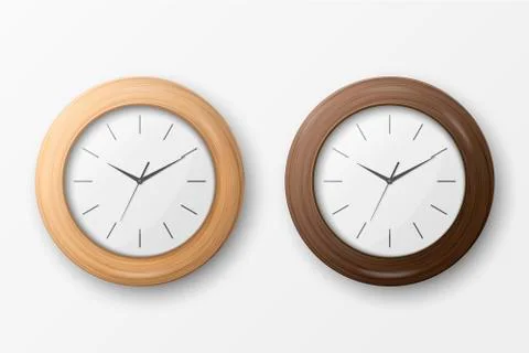 Vector 3d Realistic Simple Round Wooden Wall Office Clock with White Dial Icon 스톡 일러스트