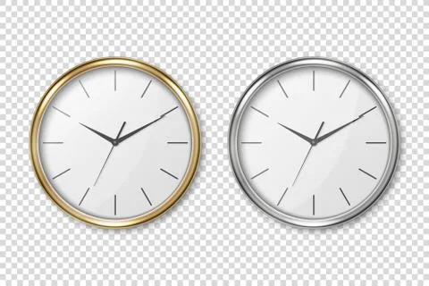 Vector 3d Realistic Simple Round Silver, Golden Wall Office Clock with White Stock Illustration