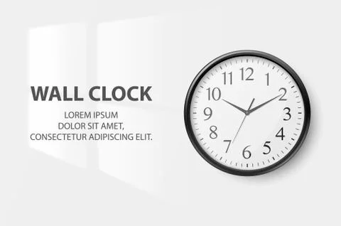 Vector 3d Realistic Simple Round Black Wall Office Clock with White Dial Closeup Stock Illustration