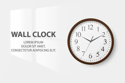 Vector 3d Realistic Simple Round Wooden Wall Office Clock with White Dial 스톡 일러스트