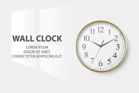 Vector 3d Realistic Simple Round Golden Wall Office Clock with White Dial Stock Illustration