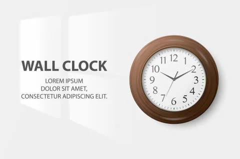 Vector 3d Realistic Simple Round Wooden Wall Office Clock with White Dial Stock Illustration
