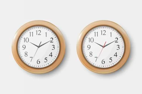 Vector 3d Realistic Simple Round Wooden Wall Office Clock with White Dial Icon Stock Illustration