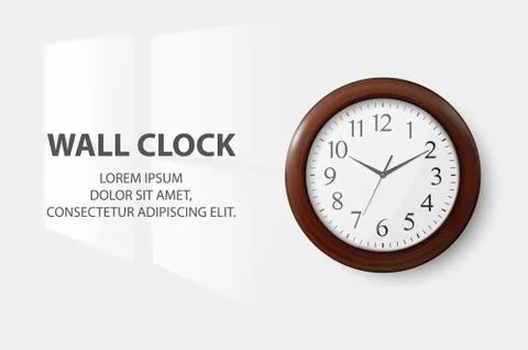 Vector 3d Realistic Simple Round Wooden Wall Office Clock with White Dial Stock Illustration