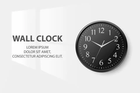 Vector 3d Realistic Simple Round Black Wall Office Clock with Black Dial Closeup Stock Illustration