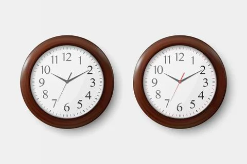 Vector 3d Realistic Simple Round Wooden Wall Office Clock with White Dial Icon 스톡 일러스트