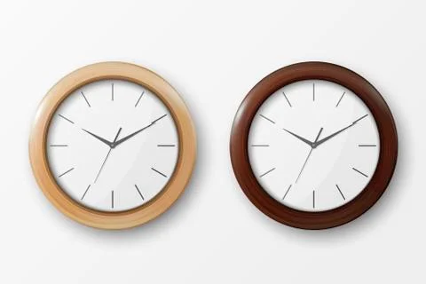 Vector 3d Realistic Simple Round Wooden Wall Office Clock with White Dial Icon Stock Illustration
