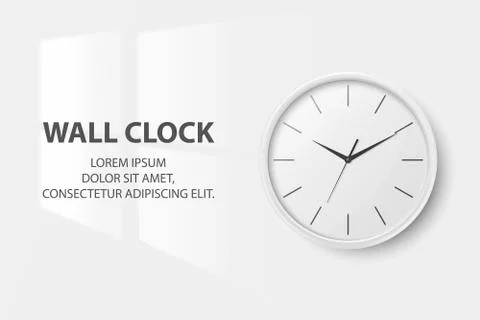 Vector 3d Realistic Simple Round White Wall Office Clock with White Dial Closeup Stock Illustration