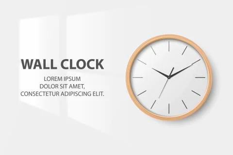 Vector 3d Realistic Simple Round Wooden Wall Office Clock with White Dial Stock Illustration