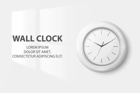 Vector 3d Realistic Simple Round White Wall Office Clock with White Dial Closeup Stock Illustration