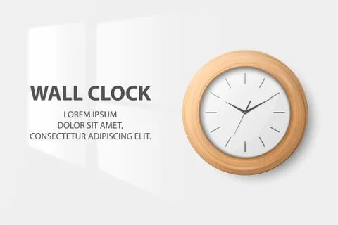 Vector 3d Realistic Simple Round Wooden Wall Office Clock with White Dial Stock Illustration