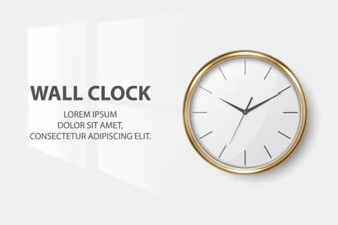 Vector 3d Realistic Simple Round Golden Wall Office Clock with White Dial Stock Illustration