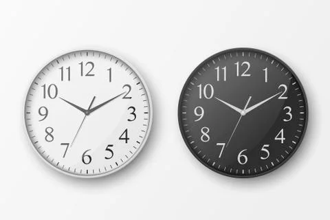 Vector 3d Realistic Simple Round White and Black Wall Office Clock with Dial Stock Illustration
